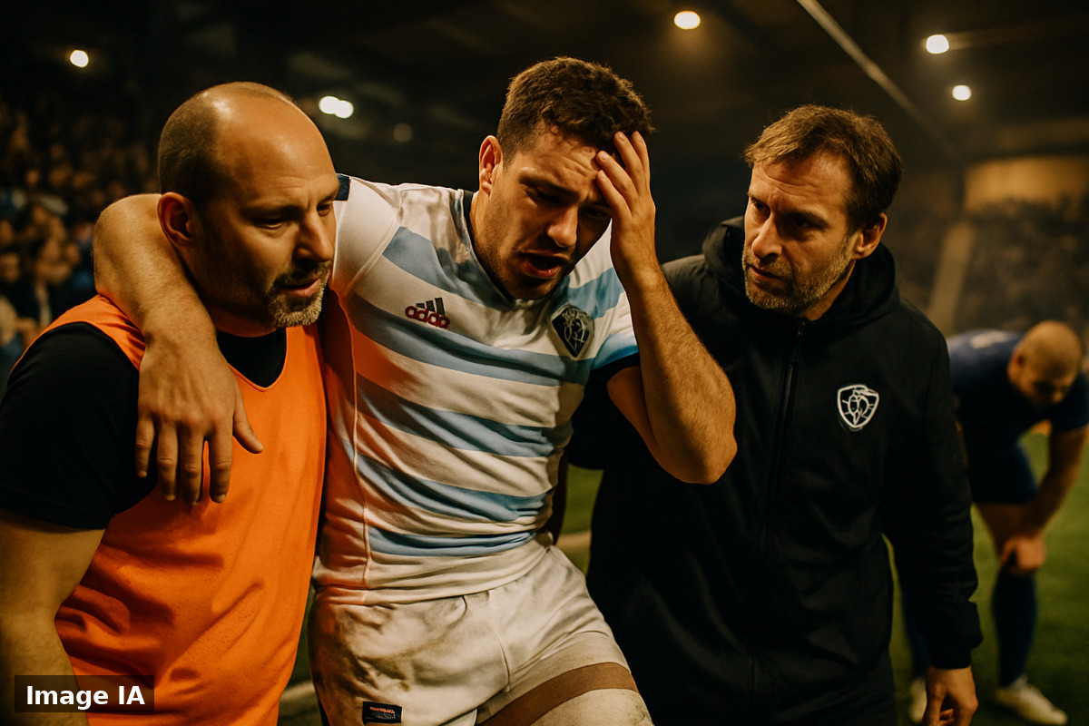Thomas Ramos allongé sur le terrain, se tenant la cuisse après sa blessure.