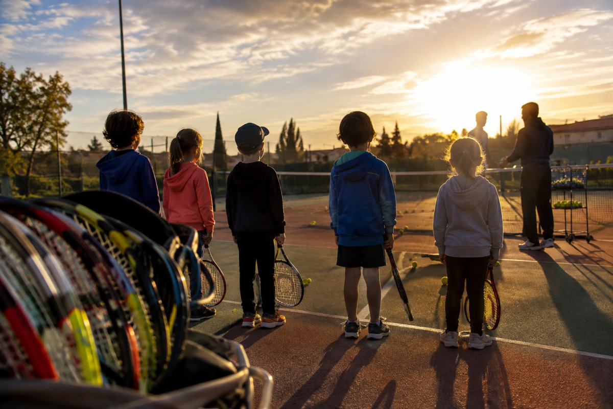 Jeunes débutants au Tennis Club Illibérien d'Elne, raquettes gratuites en main.