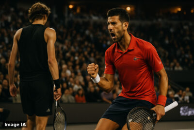Djokovic en action contre Zverev sur le court de Pékin, dominant le match.