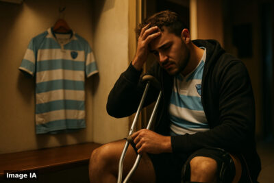 Rob Leota en tenue de rugby, tenant son genou blessé, quittant le terrain.