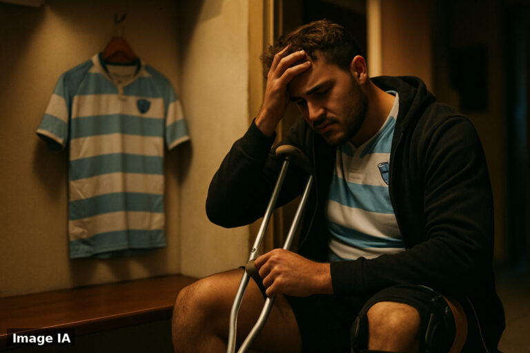 Rob Leota en tenue de rugby, tenant son genou blessé, quittant le terrain.