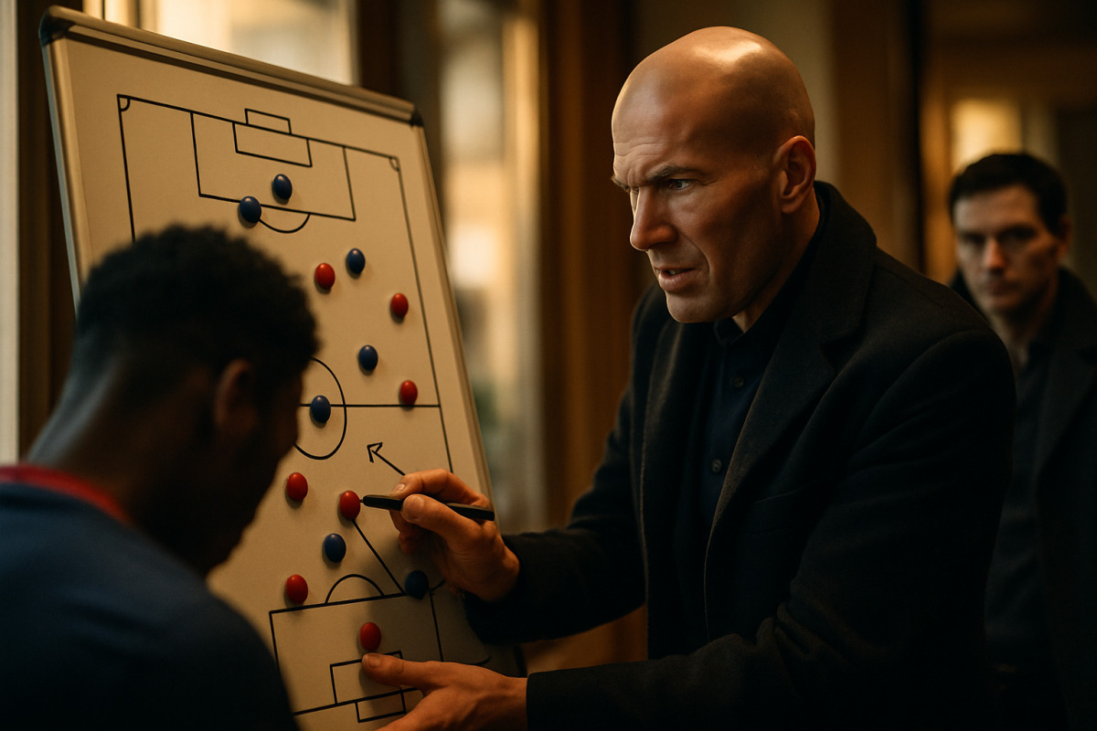 Les joueurs de l'équipe de France en formation de possession, ballon en jeu sur le terrain.