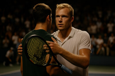 Bergs célèbre sa victoire contre Alcaraz sur le court de Shanghai.
