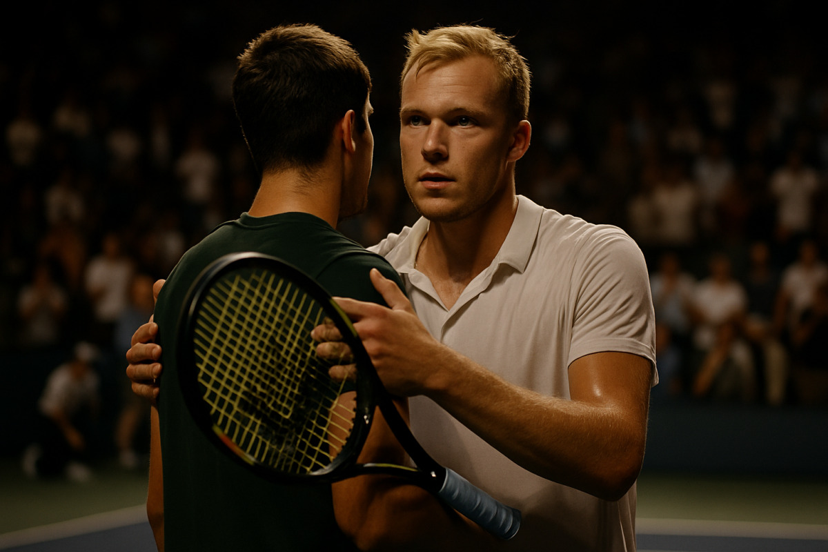 Bergs célèbre sa victoire contre Alcaraz sur le court de Shanghai.