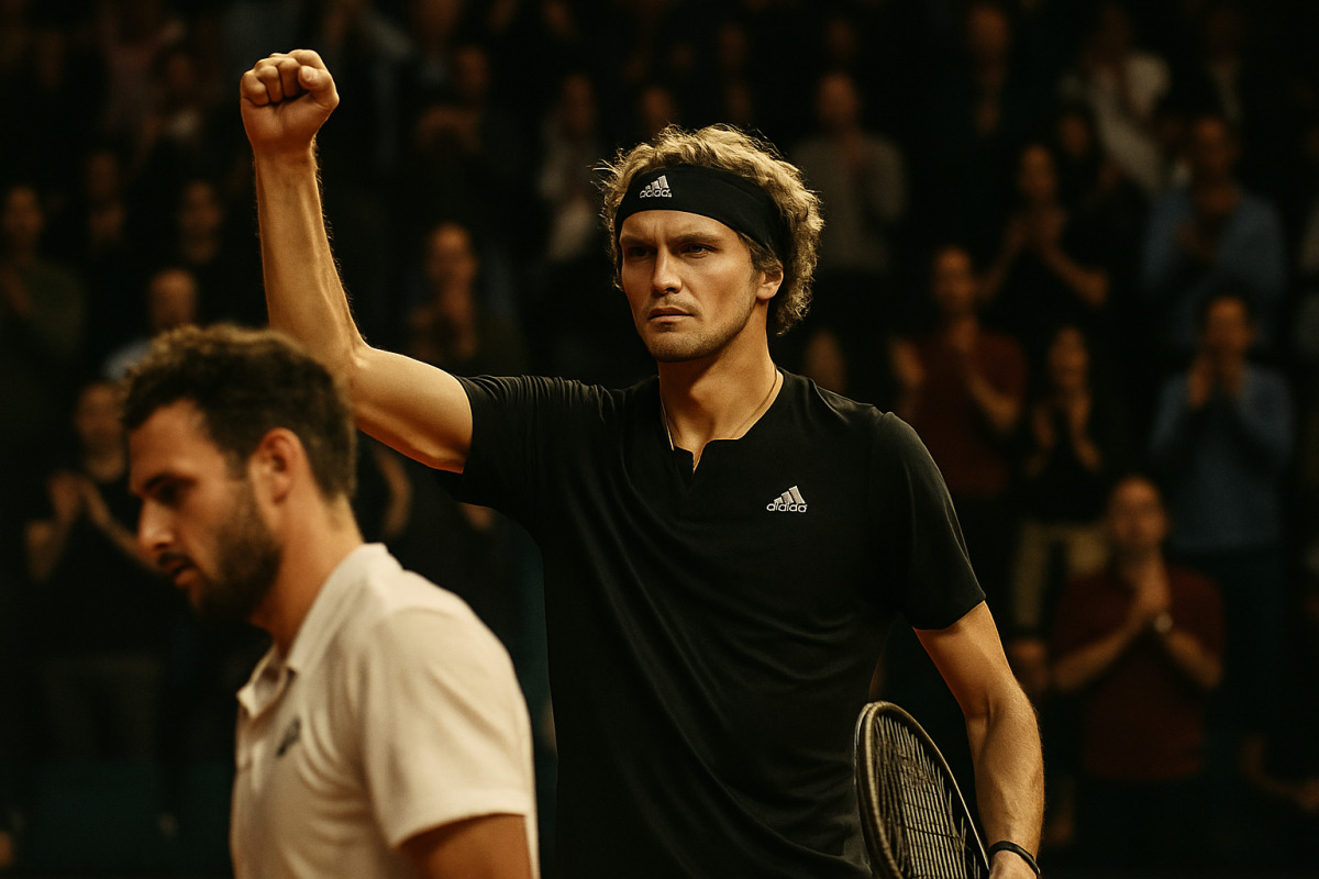 Alexander Zverev célèbre sa victoire face à Halys au Masters 1000 de Shanghai.