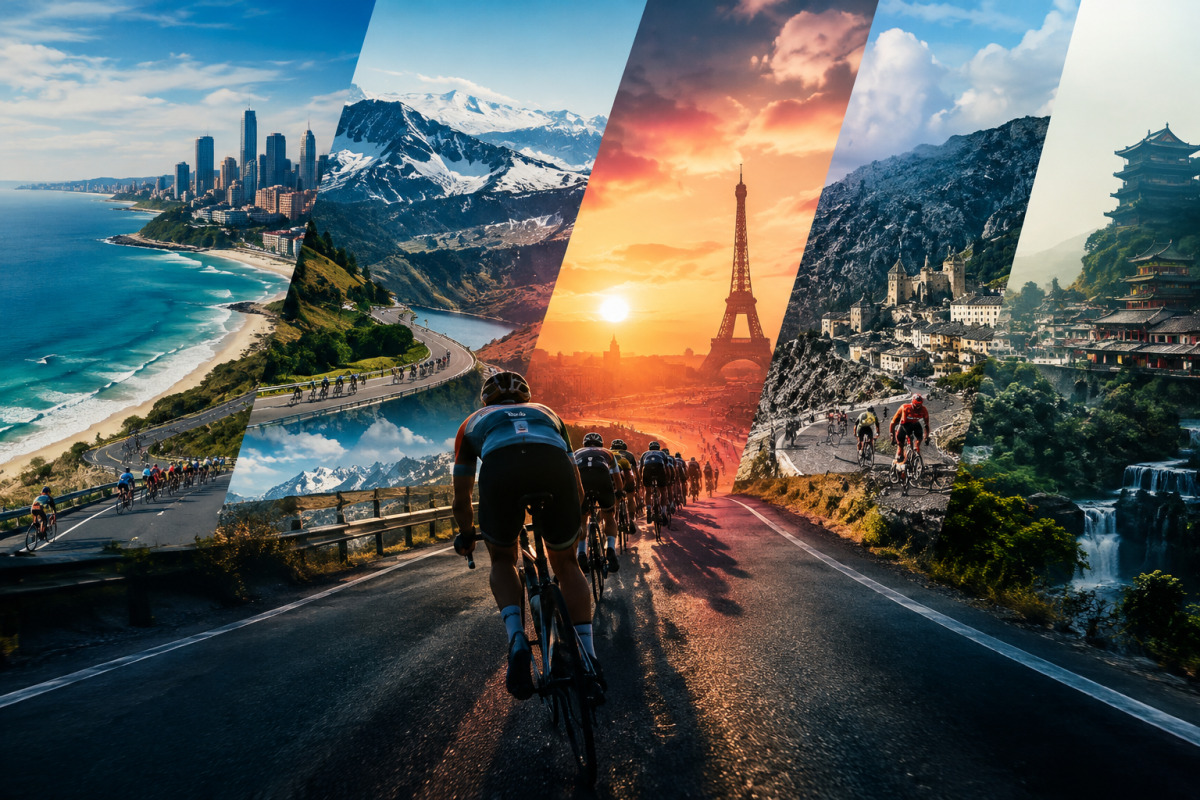 Coureurs du calendrier UCI WorldTour 2027 franchissant une ligne d'arrivée urbaine.