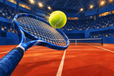 Illustration d’une raquette et d’une balle sur un court de tennis couvert.