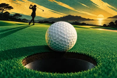 Illustration de golf avec une balle près du trou et une golfeuse en silhouette.