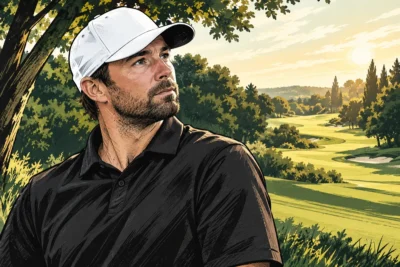 Portrait illustré de Jérémy Gandon, en casquette blanche et polo sombre, devant un parcours de golf.