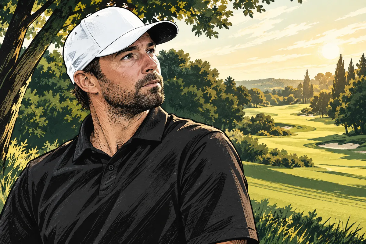 Portrait illustré de Jérémy Gandon, en casquette blanche et polo sombre, devant un parcours de golf.