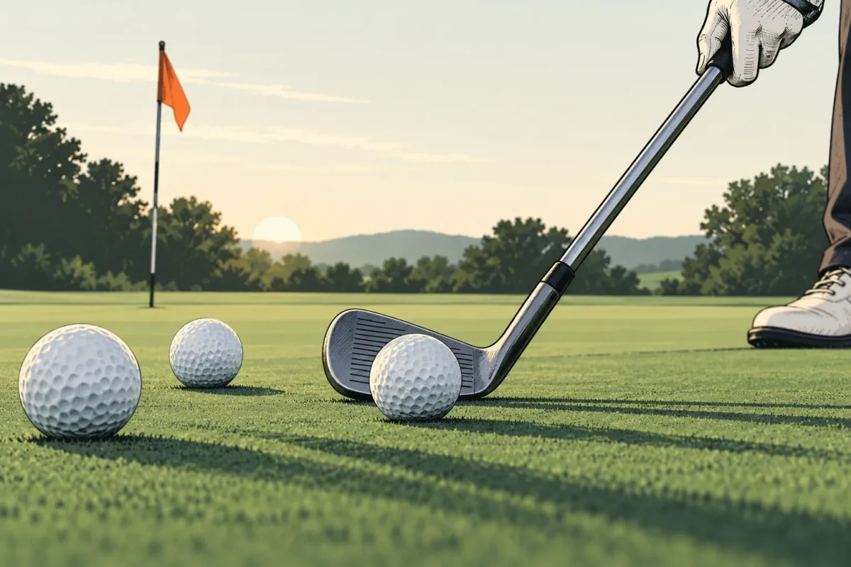 Illustration de balles de golf et d’un wedge sur un green d’entraînement.