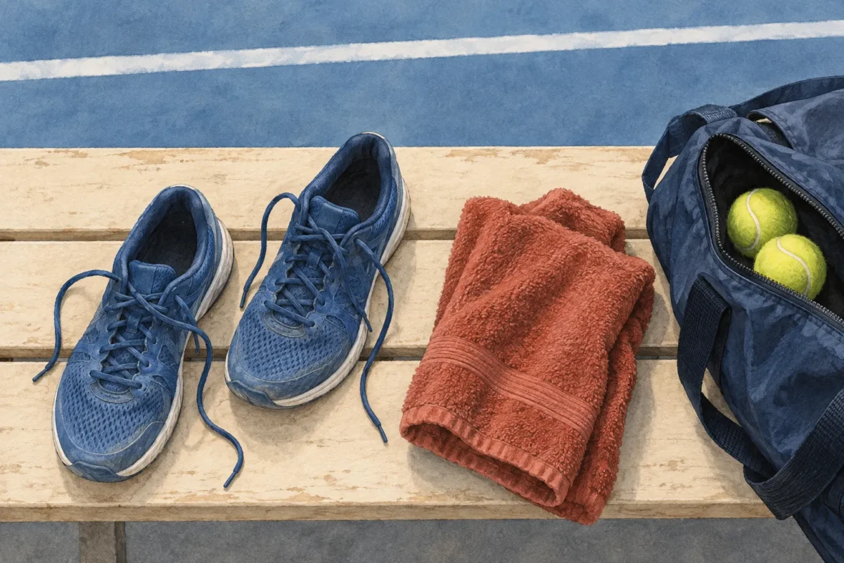 Illustration de chaussures de tennis, d’une serviette et d’un sac de sport.