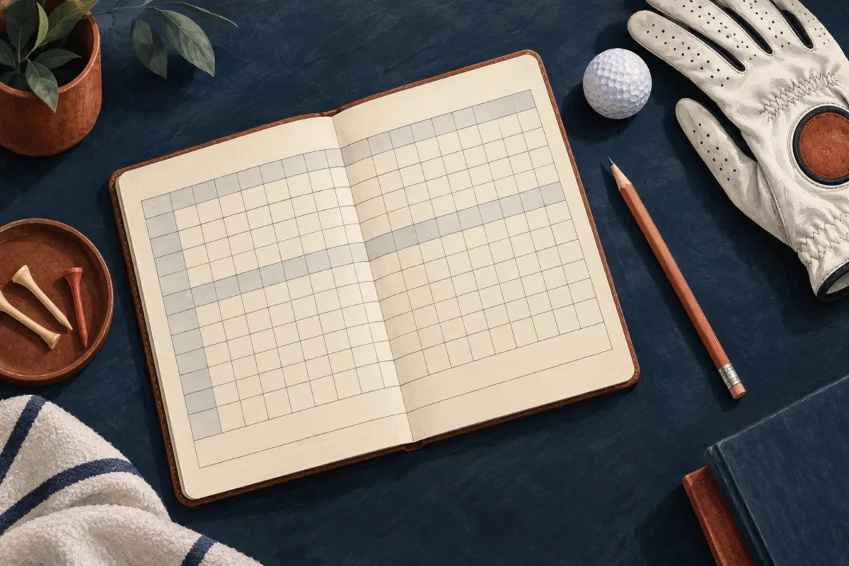 Illustration d’un carnet de scores de golf, d’un crayon, d’un gant et d’une balle.