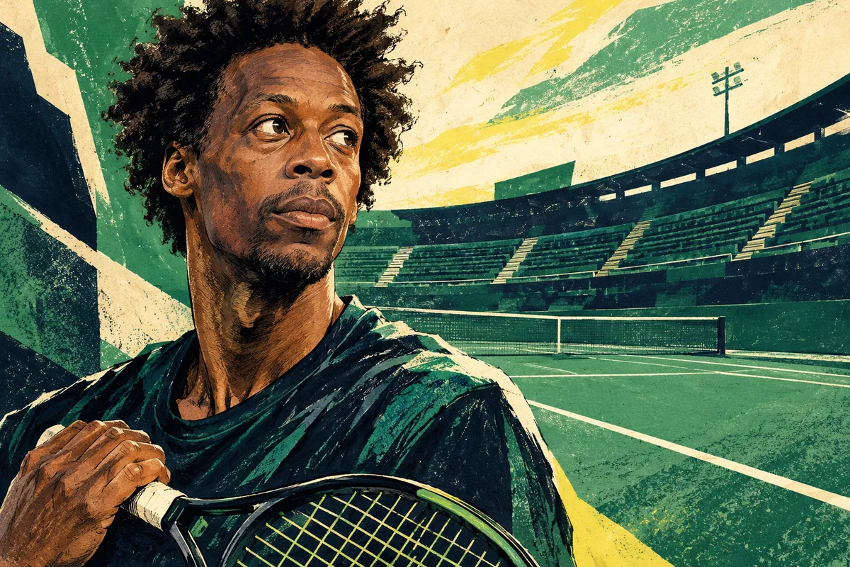 Portrait dessiné de Gaël Monfils, raquette abaissée devant une arène de tennis vide.