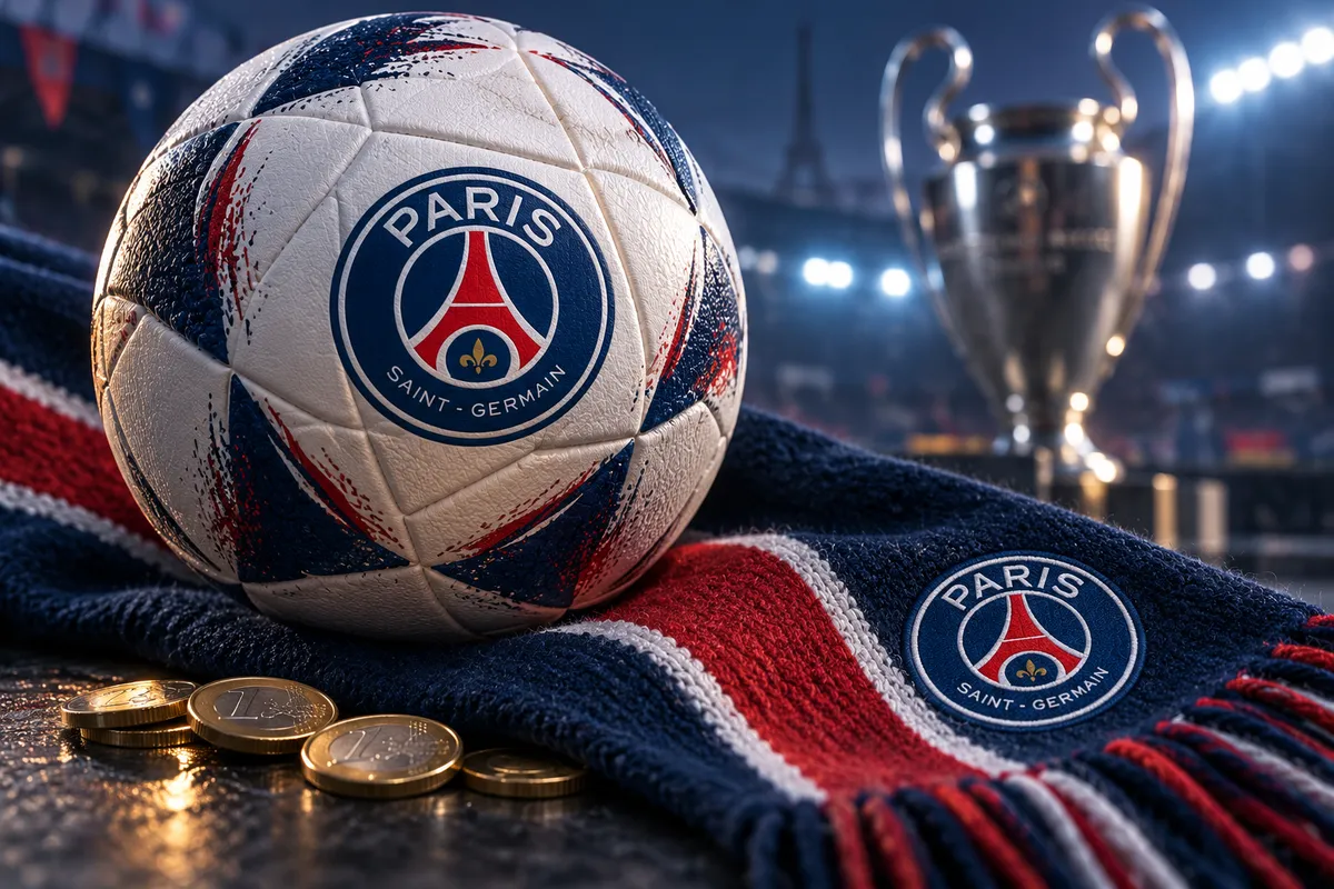Ballon de football sur une écharpe bleu marine et rouge, avec des pièces en euros et une coupe en arrière-plan.