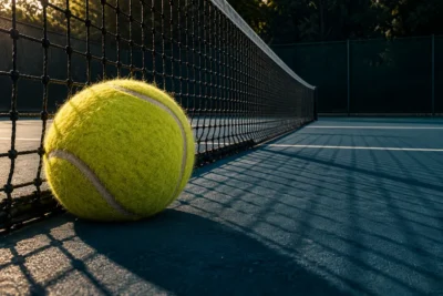 Illustration conceptuelle d’une balle de tennis arrêtée contre le filet sur un court désert.