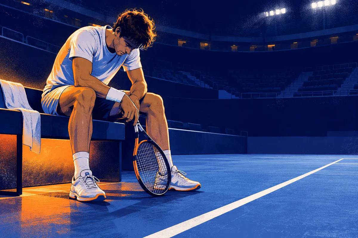 Dessin d’un jeune joueur de tennis assis au bord d’un court bleu, raquette en main, dans une attitude de frustration.