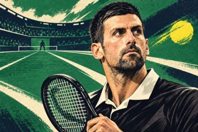 Portrait illustré de Novak Djokovic sur un fond graphique évoquant un court de tennis.