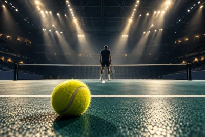 Illustration symbolique du tennis indoor : balle jaune au premier plan et silhouette anonyme de dos près du filet sous les lumières.