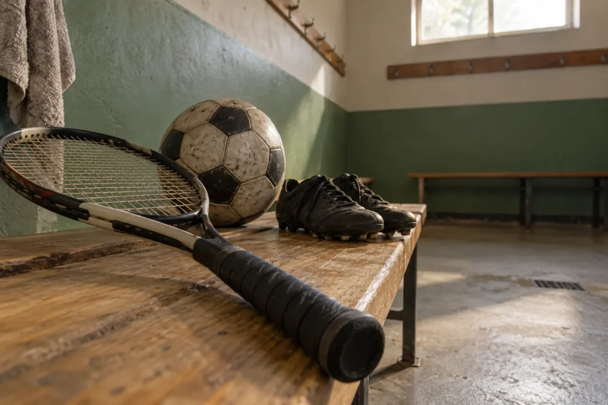 Nature morte illustrative : une raquette de tennis, un ballon et des chaussures de football sur un banc de vestiaire.