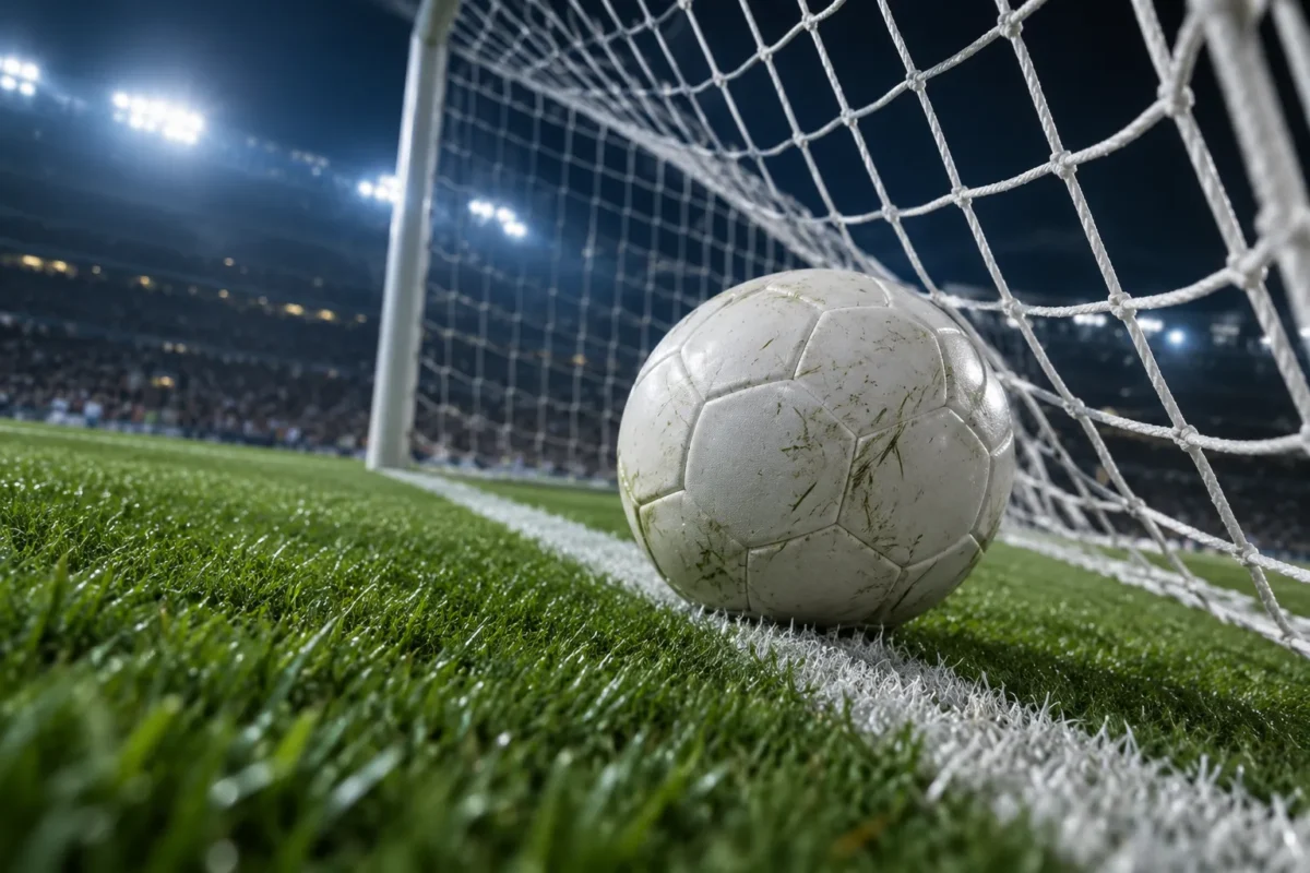 Ballon franchissant une ligne de but dans un stade aux lumières bleues.