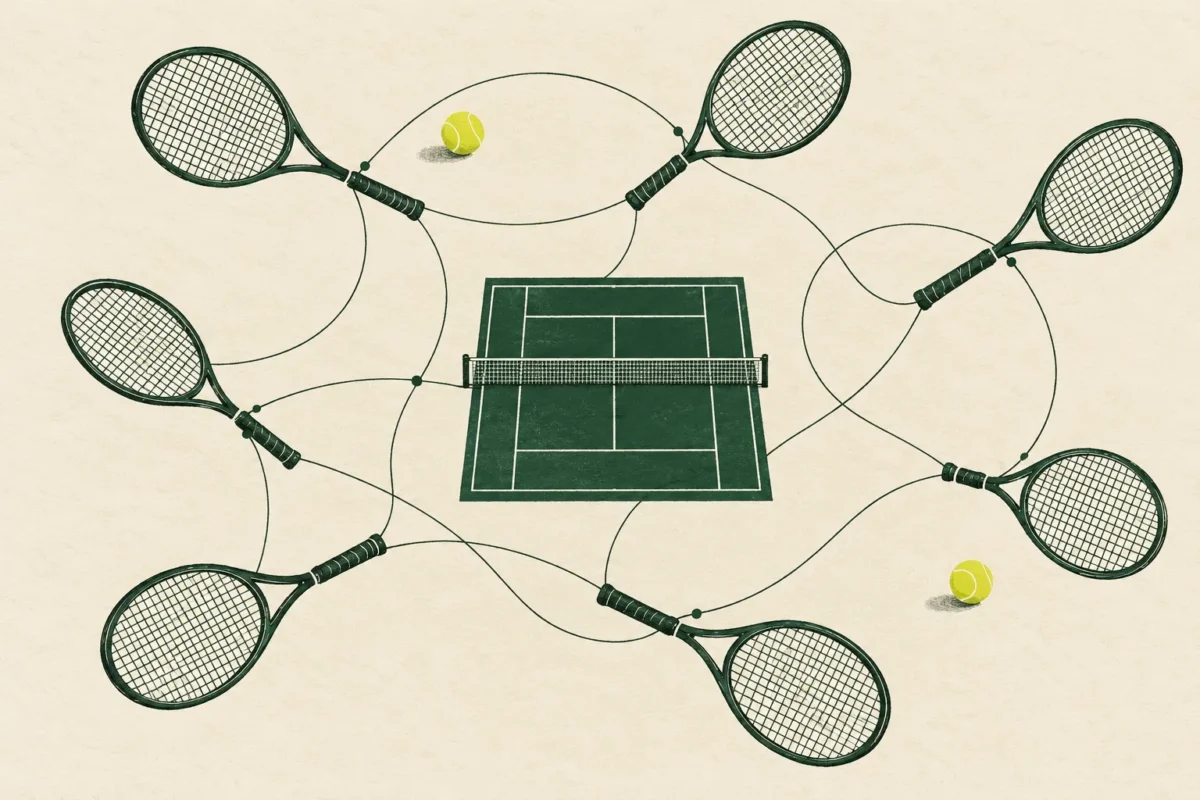 Illustration symbolique d’un réseau de raquettes reliées autour d’un court de tennis.