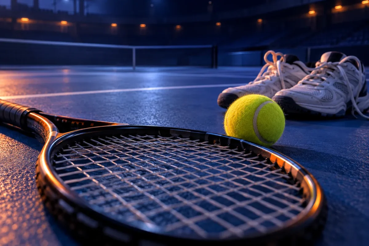 Raquette, balle jaune et chaussures de tennis au bord d’un court bleu en salle, sans joueur.